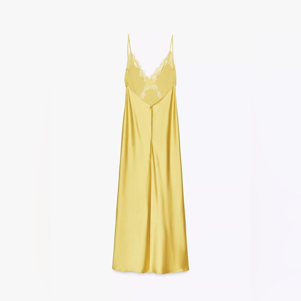 Zara Lace-Trim Slip Satin Maxi Dress in Mustard Chartreuse Yellow - Picture 9 of 15